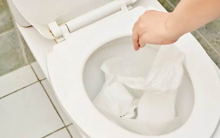 روش رفع گرفتگی توالت با دستمال کاغذی و نوار بهداشتی