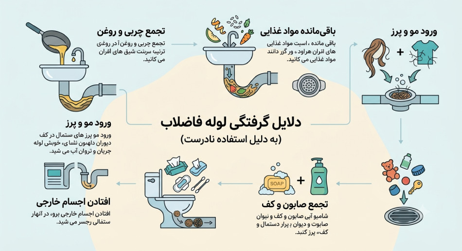 گرفتگی لوله فاضلاب به دلیل استفاده نادرست
