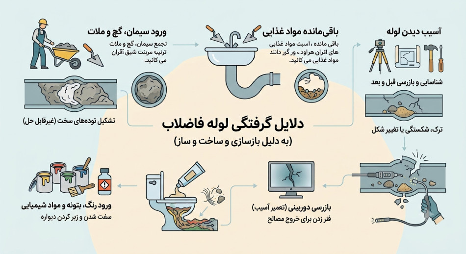 گرفتگی لوله فاضلاب به دلیل بازسازی و ساخت و ساز