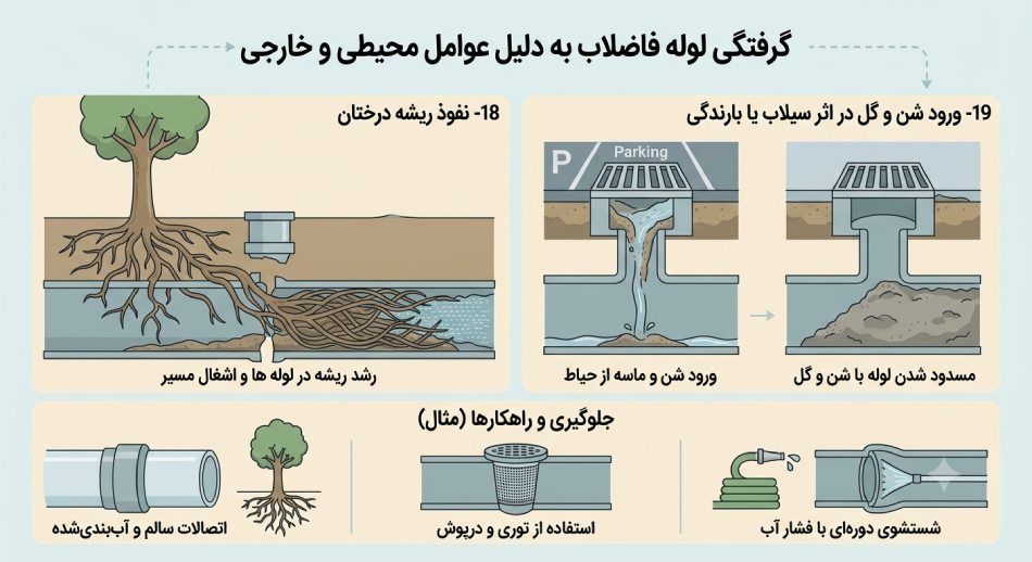 گرفتگی لوله فاضلاب به دلیل عوامل محیطی و خارجی