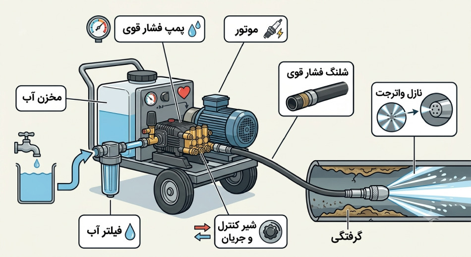اجزای دستگاه واترجت لوله بازکنی