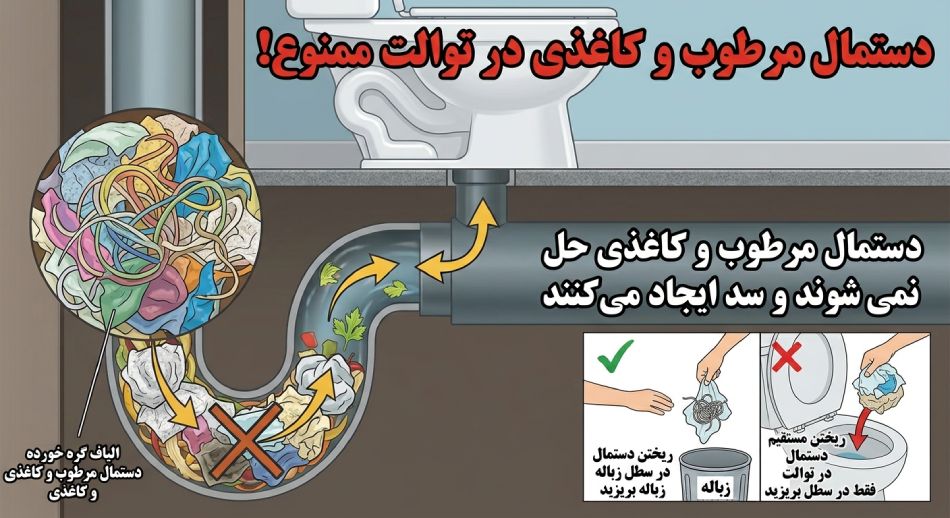 ریختن دستمال مرطوب و دستمال کاغذی در توالت