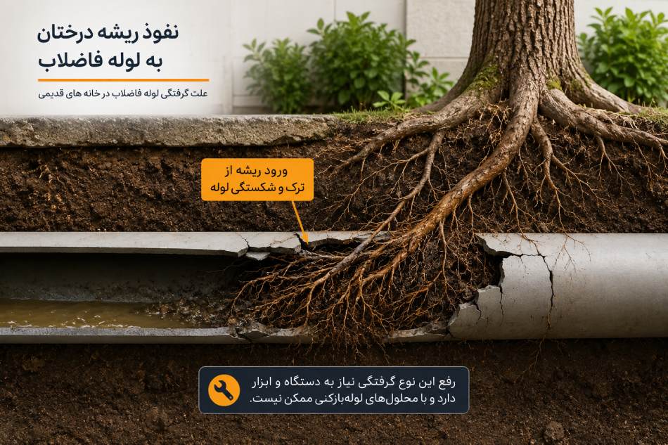 نفوذ ریشه درختان به لوله فاضلاب