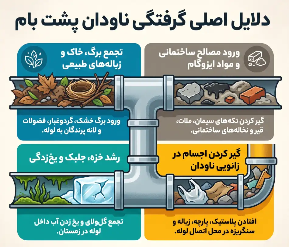 علت گرفتگی ناودان و لوله باران پشت بام